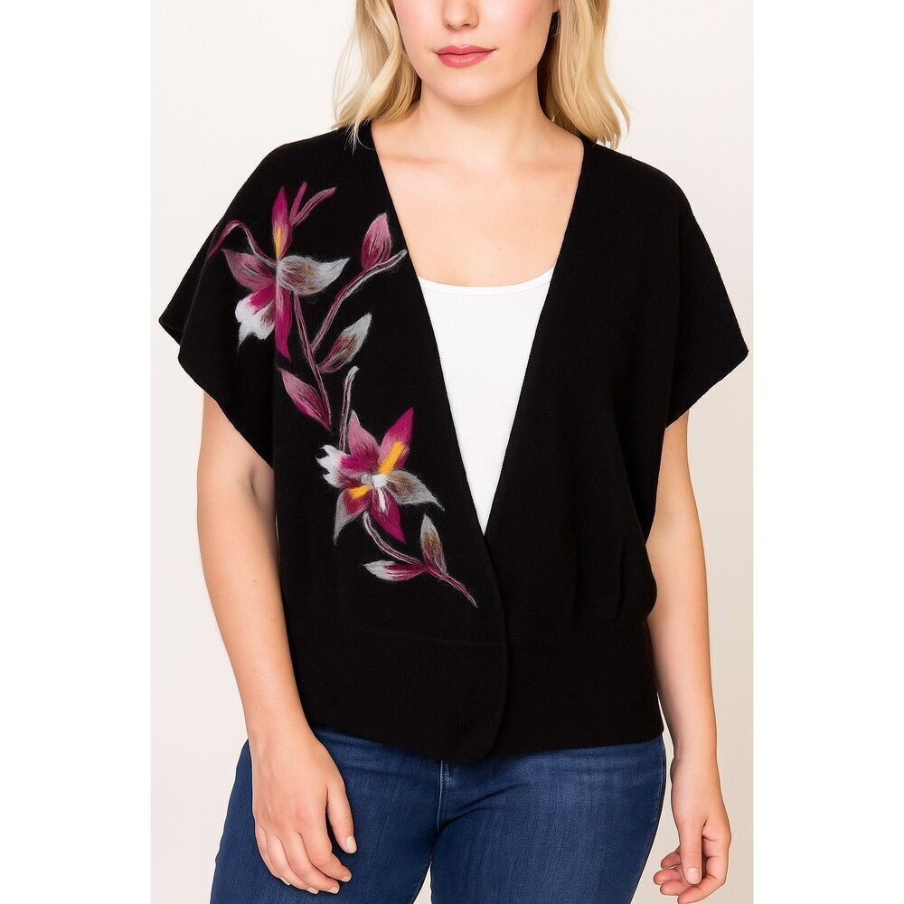 Vintage Peter Martin Wool Embroidered Floral Cardigan Black Oversized Sweater Wo
